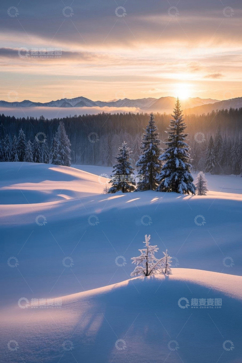 高清大图下载【趣麦麦图】雪后森林日出自然风光