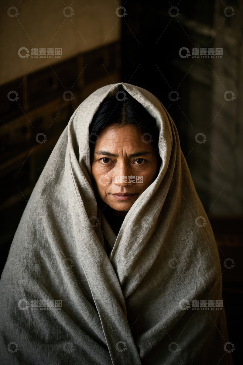 高清大图下载【趣麦麦图】裹着灰布的老年女子凝视前方