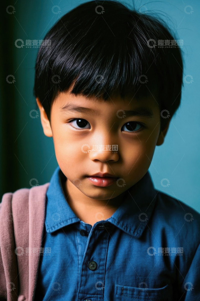 高清大图下载【趣麦麦图】蓝色衬衫男孩凝视镜头