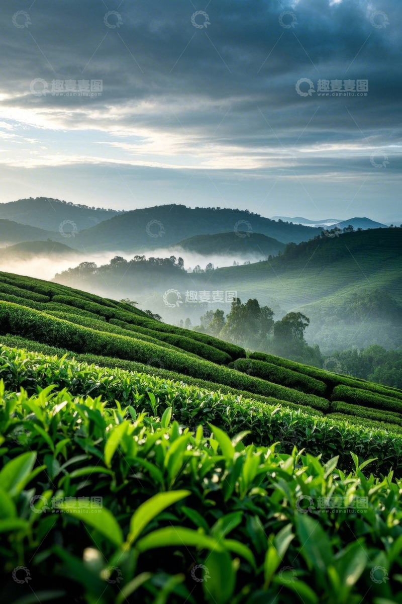 高清大图下载【趣麦麦图】山间云雾缭绕的茶叶种植园