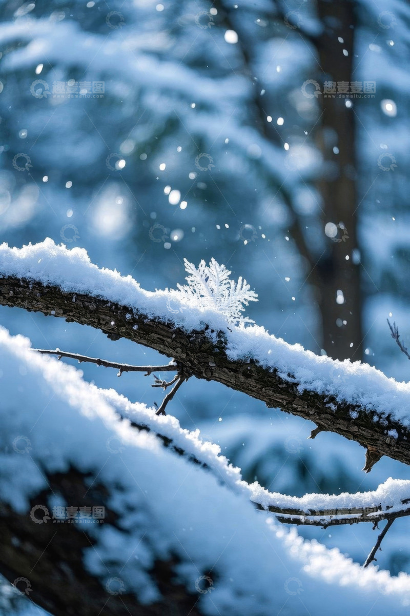 高清大图下载【趣麦麦图】覆雪树枝与飘落雪花