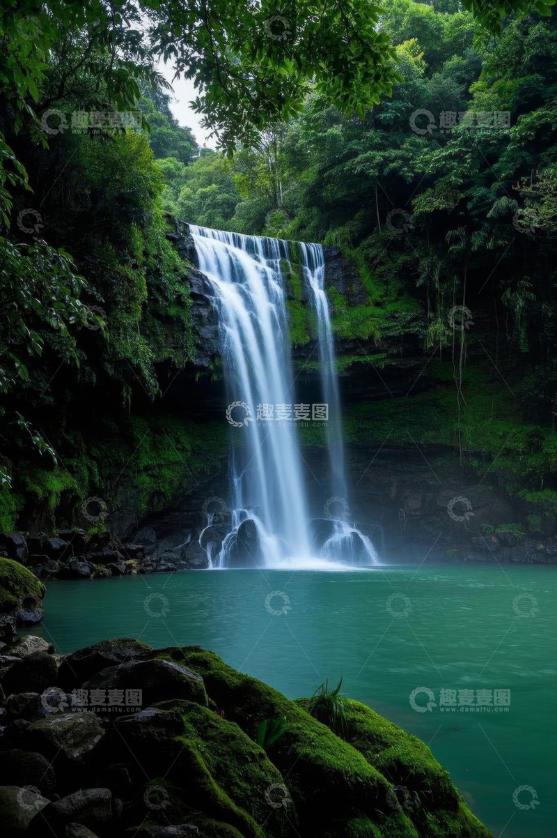 高清大图下载【趣麦麦图】森林中的瀑布自然景观