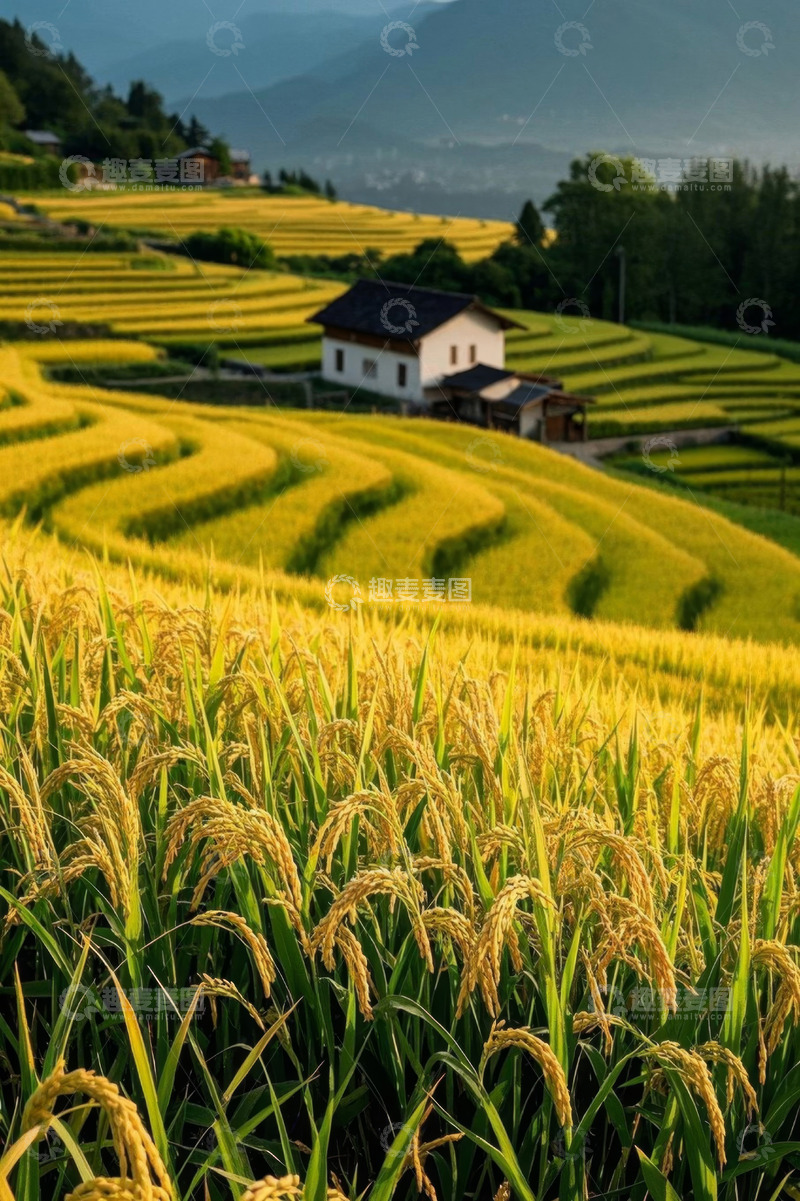 高清大图下载【趣麦麦图】金黄稻田与山间小屋风景