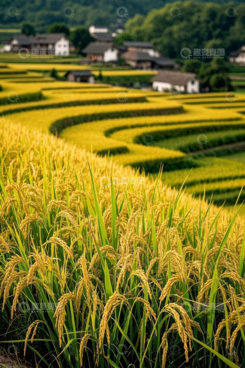 高清大图下载【趣麦麦图】田园乡村的金黄水稻梯田