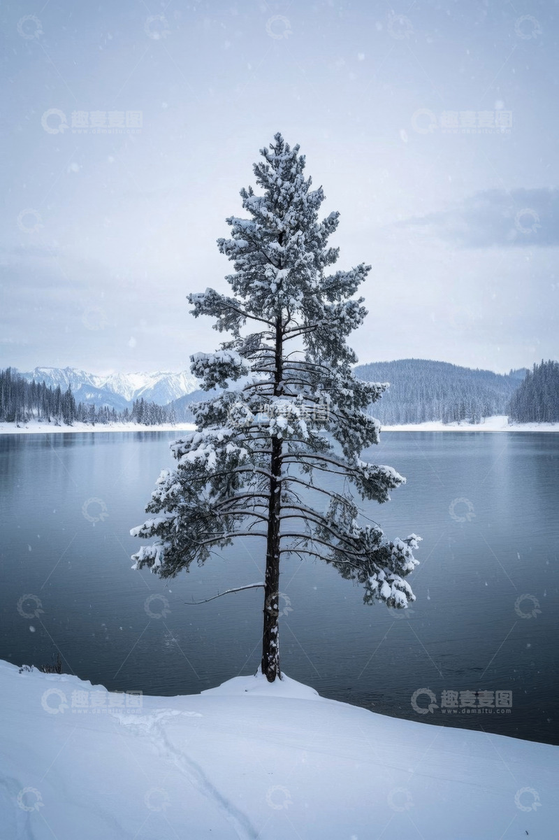 高清大图下载【趣麦麦图】雪后湖边孤树自然风光