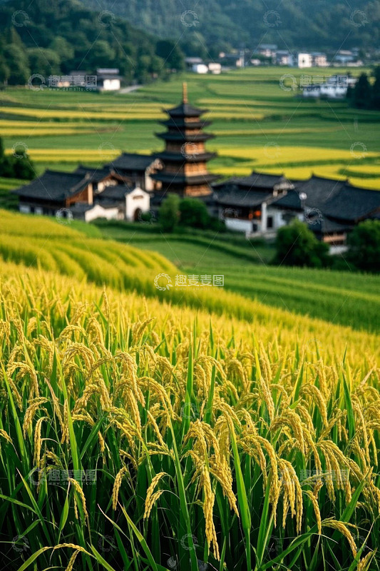稻田中的古建筑田园景观