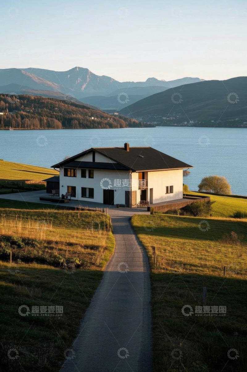 高清大图下载【趣麦麦图】湖畔小屋与远山风景