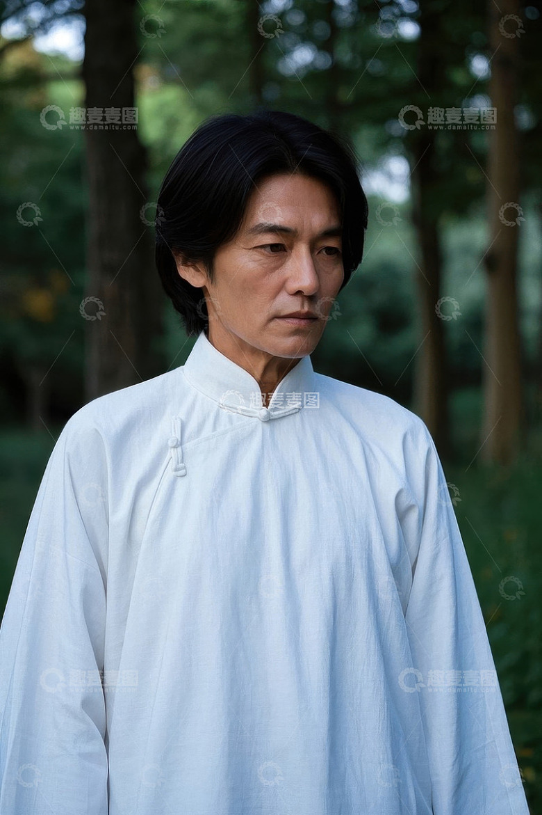 中年男子身穿白色中式长衫伫立林间