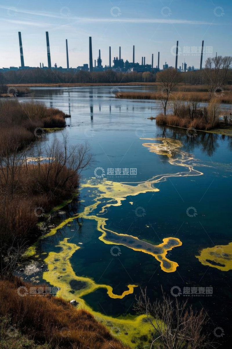 高清大图下载【趣麦麦图】工厂附近水域藻类漂浮景象