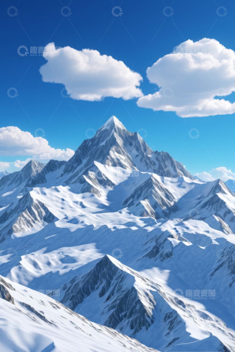 高清大图下载【趣麦麦图】蓝天白云下的雪山全景