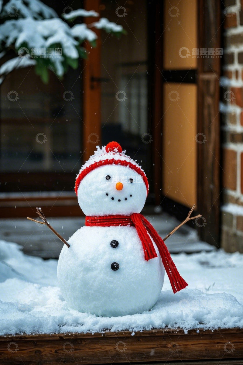 高清大图下载【趣麦麦图】戴帽围巾雪人立于户外雪地