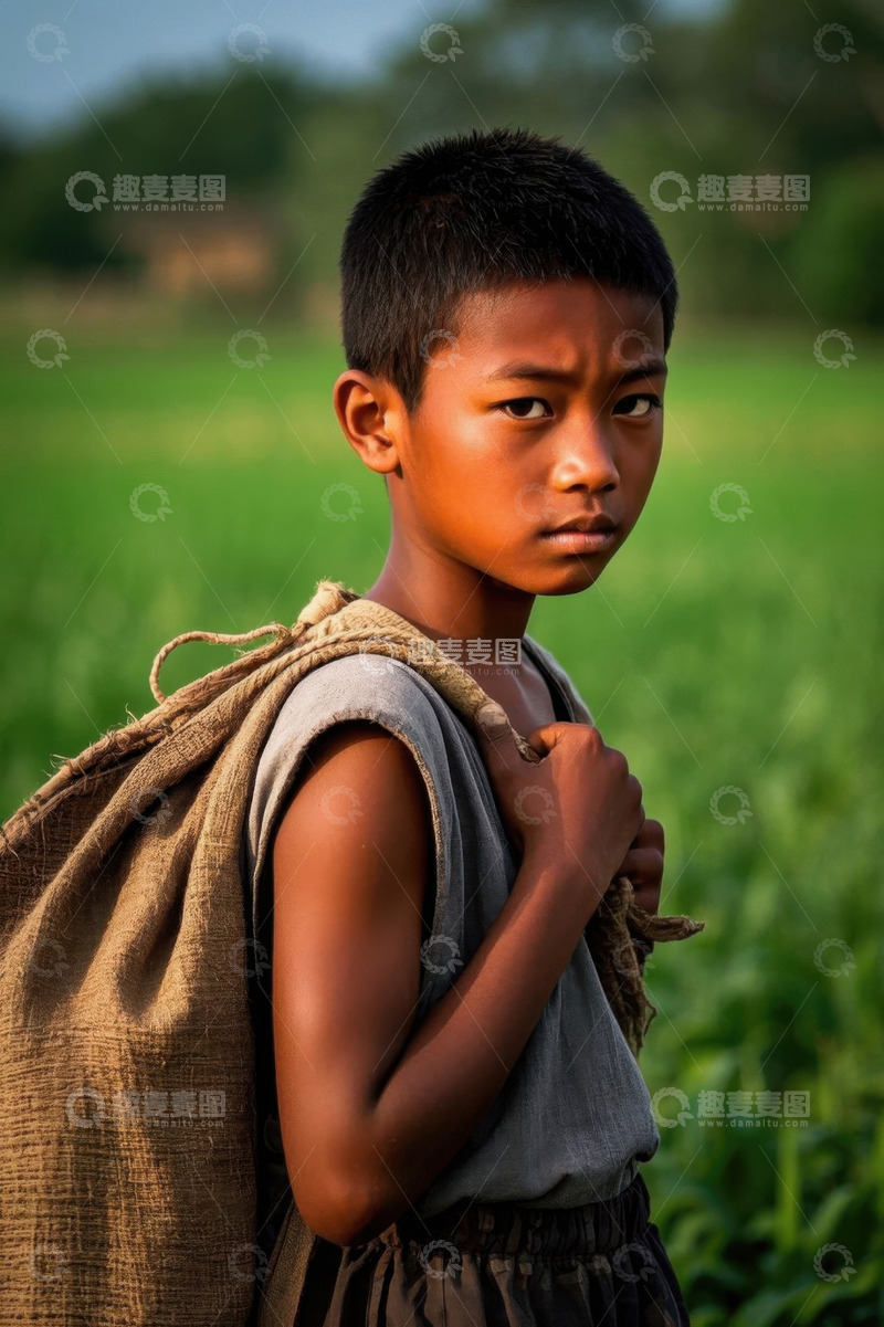 高清大图下载【趣麦麦图】田间背着麻袋的男孩凝视远方