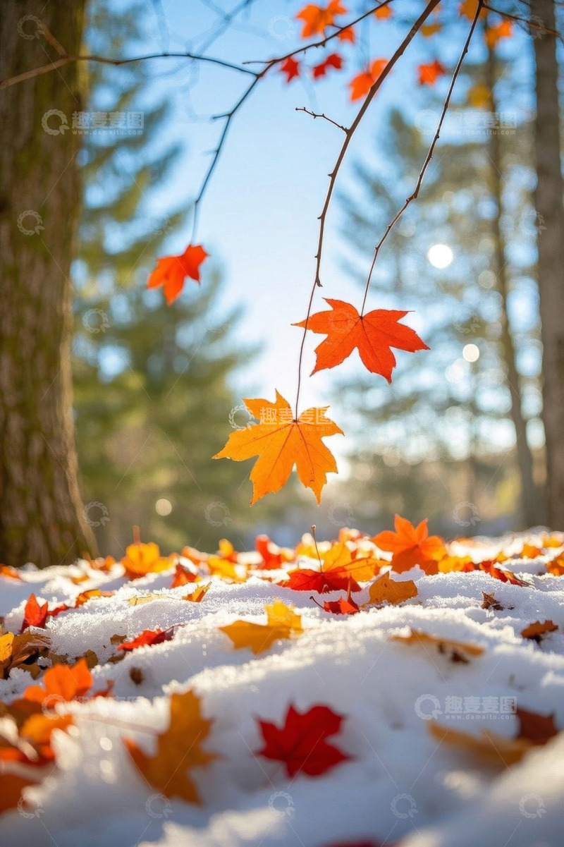 高清大图下载【趣麦麦图】雪地中的秋日枫叶美景