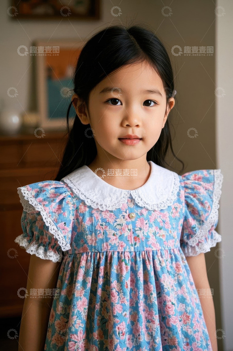 穿着碎花连衣裙的小女孩