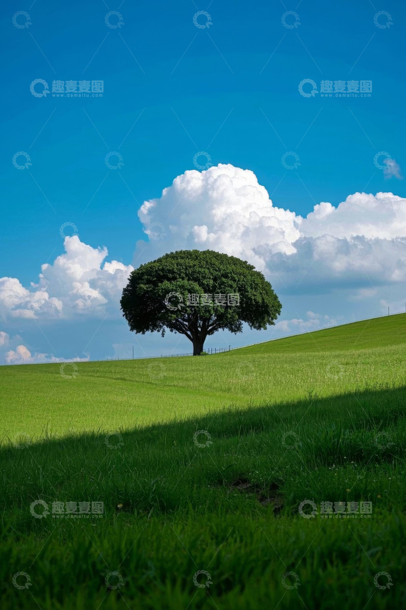 高清大图下载【趣麦麦图】草原上独立大树与蓝天白云
