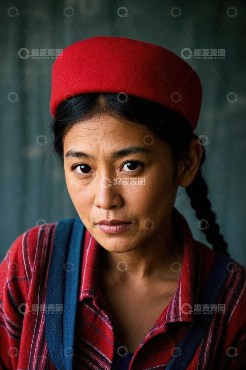 高清大图下载【趣麦麦图】红帽女子肖像特写凝视