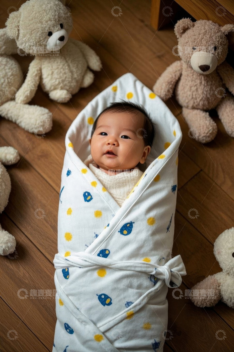 高清大图下载【趣麦麦图】婴儿与毛绒玩具的温馨画面