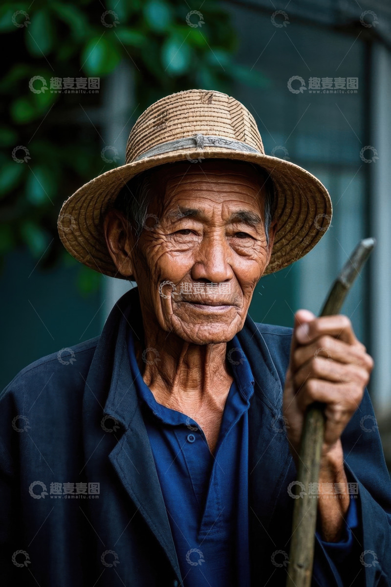 高清大图下载【趣麦麦图】一位戴着草帽的年迈农民手持拐杖