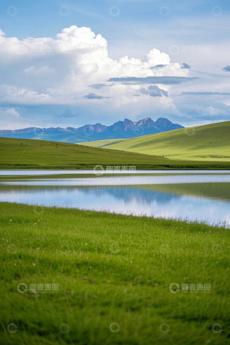 高清大图下载【趣麦麦图】草原湖泊与远山自然景观