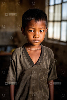 脏兮兮衣服的小男孩凝视镜头