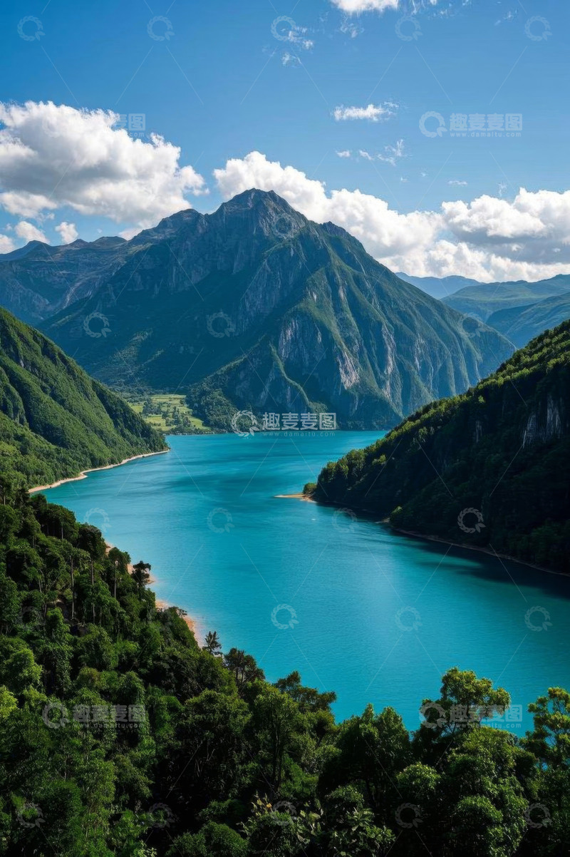 高清大图下载【趣麦麦图】青山环绕的蓝色湖泊景观