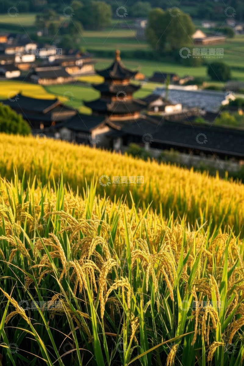 高清大图下载【趣麦麦图】稻田旁的古建筑田园景色