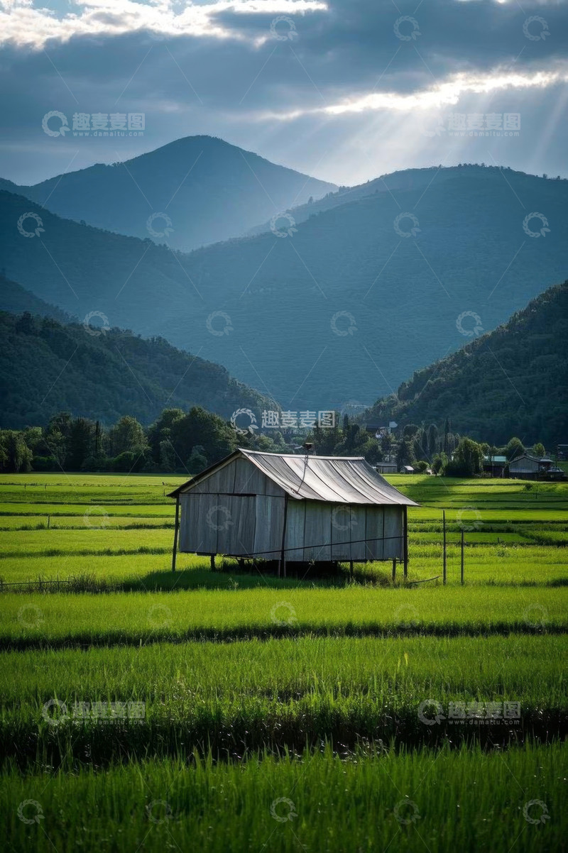 高清大图下载【趣麦麦图】田野中的小屋与远处山峦
