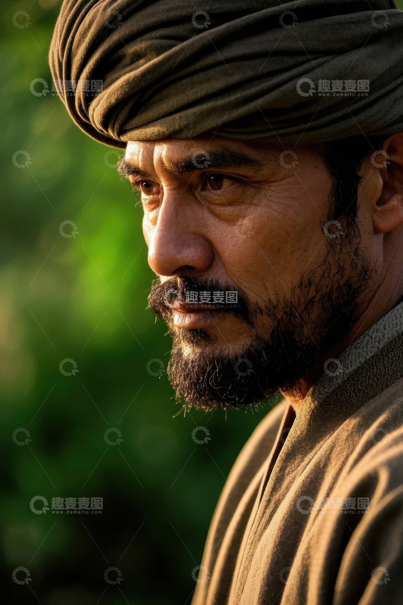 高清大图下载【趣麦麦图】夕阳下戴头巾的中年男子侧颜照