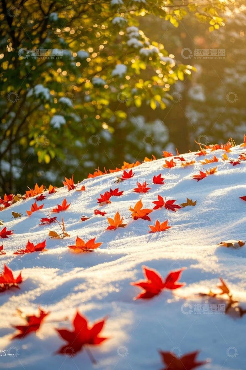 高清大图下载【趣麦麦图】雪地上散落的红色枫叶