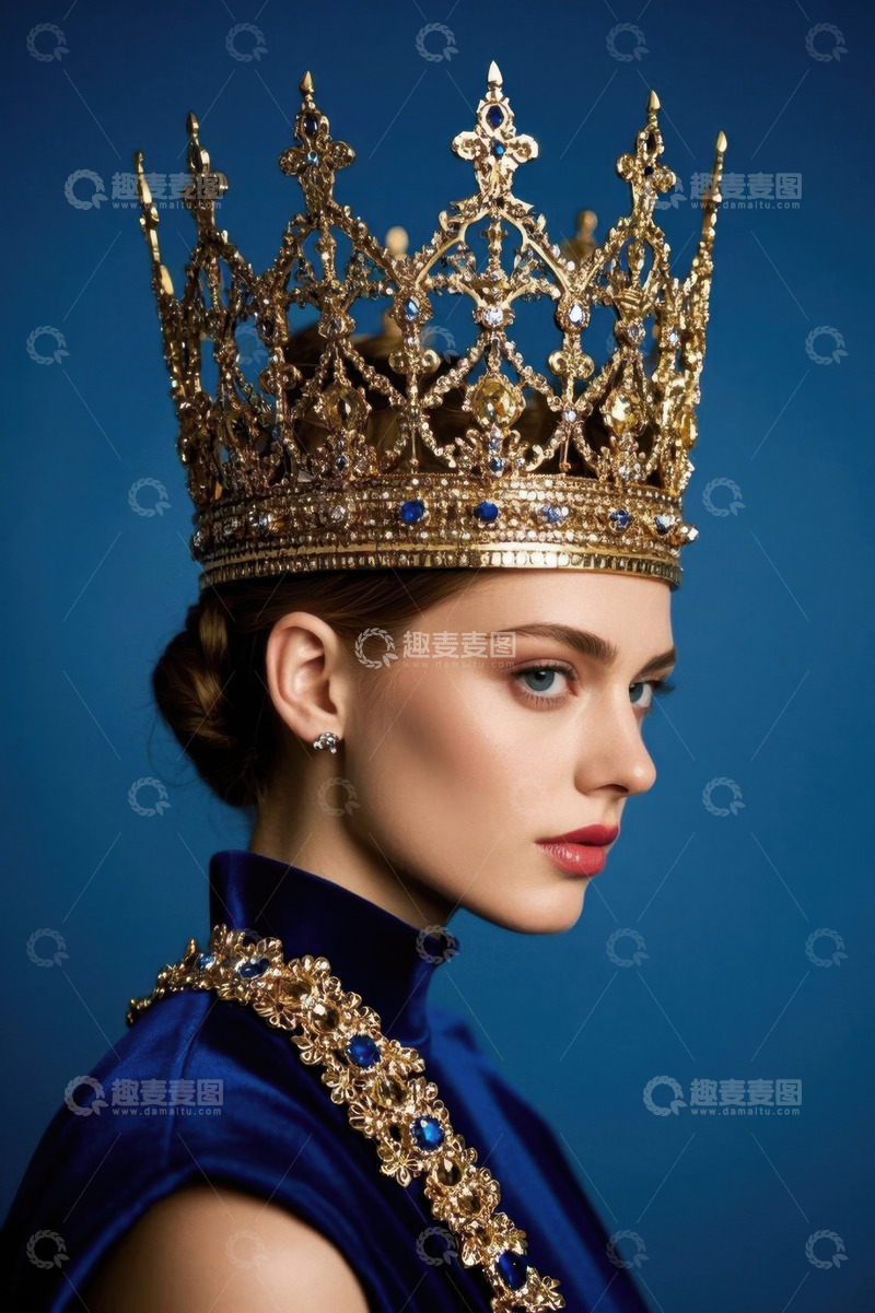 高清大图下载【趣麦麦图】蓝背景下戴皇冠的年轻女子