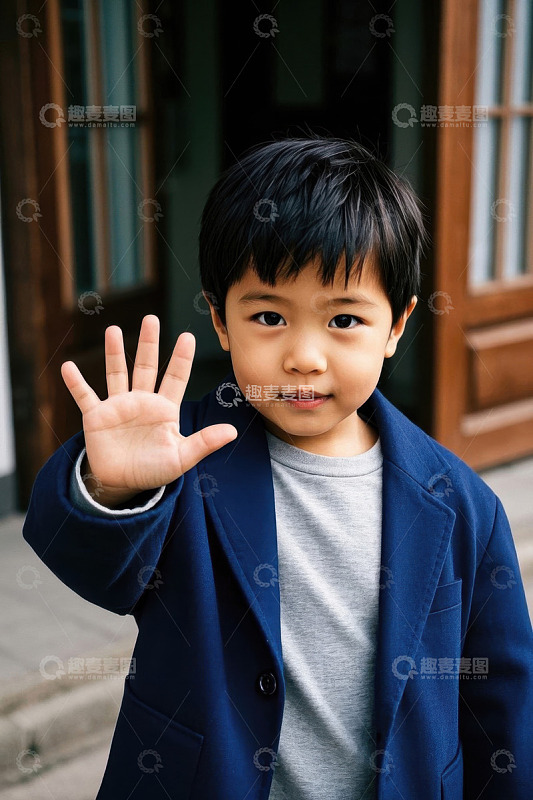 穿着蓝色外套的小男孩举起手