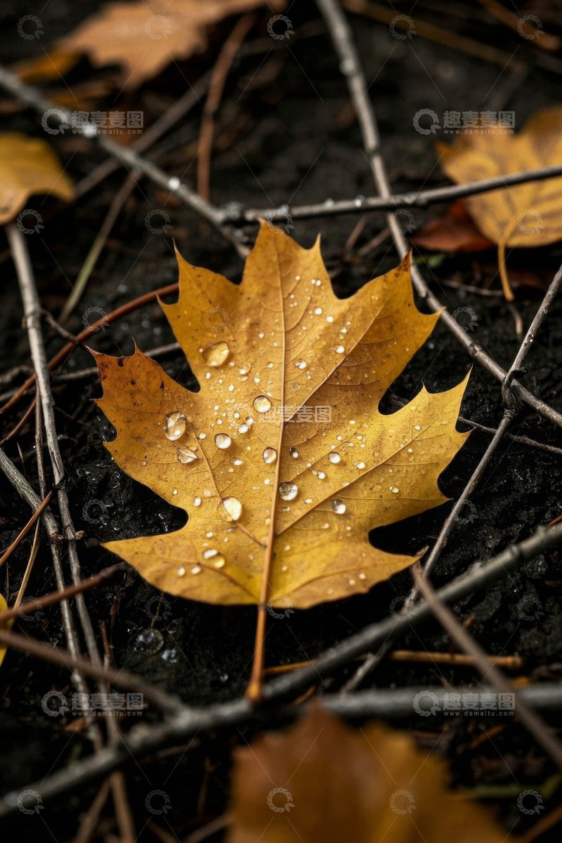 高清大图下载【趣麦麦图】带水珠的秋日落叶特写