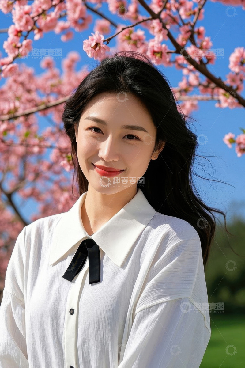 高清大图下载【趣麦麦图】樱花树下白衣女子温柔浅笑