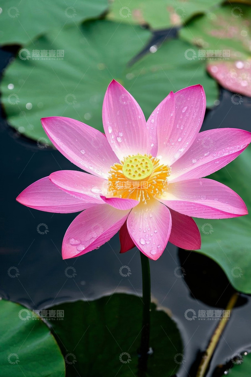 高清大图下载【趣麦麦图】带水珠的盛开粉色荷花