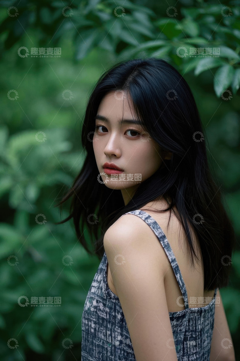 高清大图下载【趣麦麦图】绿意丛中回眸的亚洲女子
