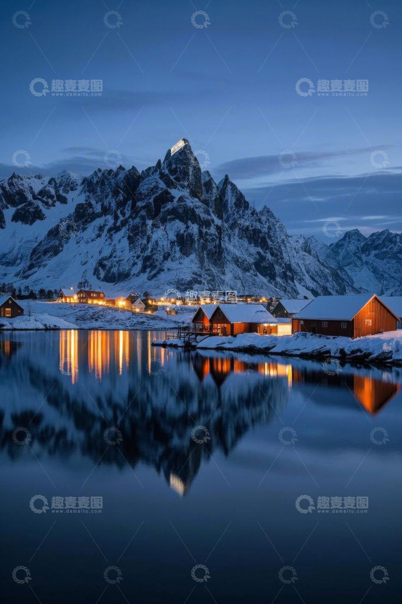 高清大图下载【趣麦麦图】挪威雪山下湖畔小屋夜景
