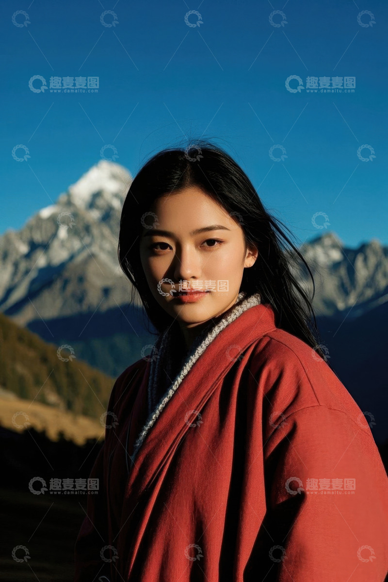 高清大图下载【趣麦麦图】红衣女子雪山背景写真