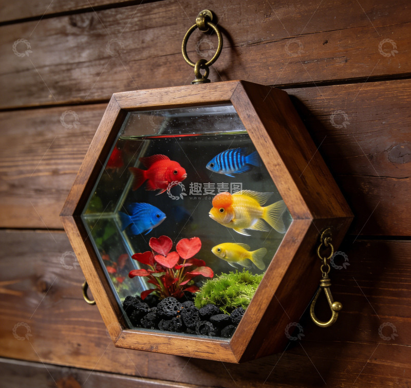 高清大图下载【趣麦麦图】木框悬挂式小鱼缸装饰