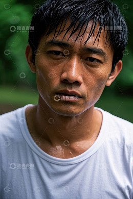汗流浃背的亚洲男子肖像