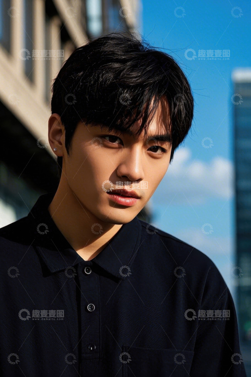 高清大图下载【趣麦麦图】阳光下穿着黑色polo衫的年轻男子