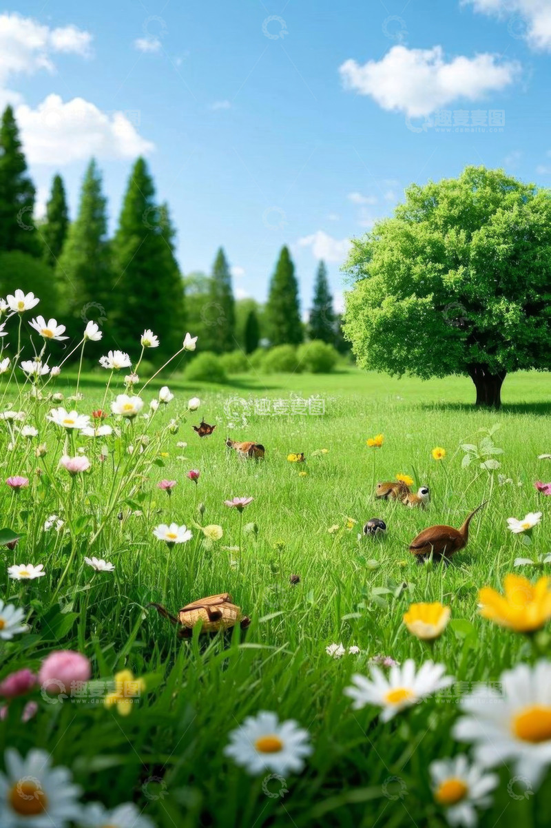 高清大图下载【趣麦麦图】绿草鲜花旁的动物自然风光