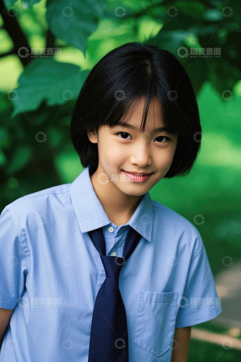 高清大图下载【趣麦麦图】女孩穿着蓝色校服微笑