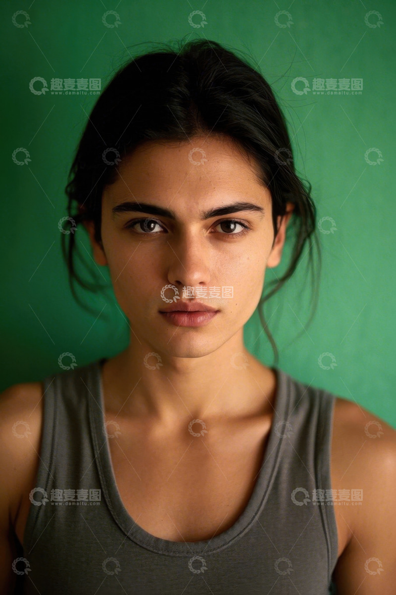 高清大图下载【趣麦麦图】年轻女子绿色背景肖像照