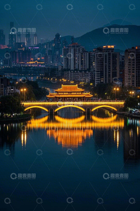 古风桥梁城市夜景风光