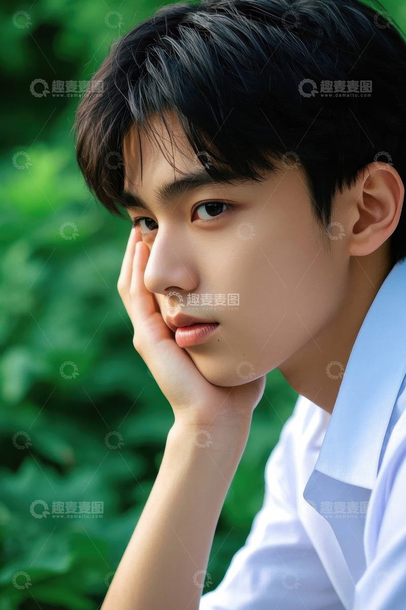 高清大图下载【趣麦麦图】忧郁少年侧颜写真绿叶背景