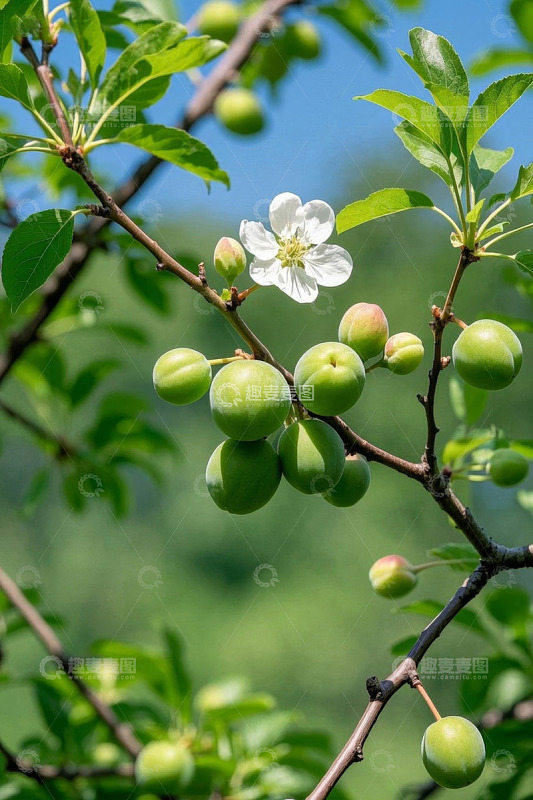 枝头青果与白花特写