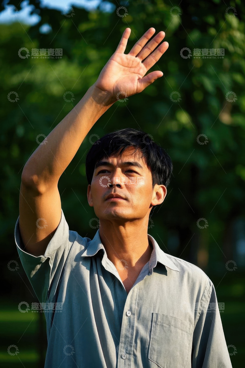 高清大图下载【趣麦麦图】阳光下遮阳的亚洲男子