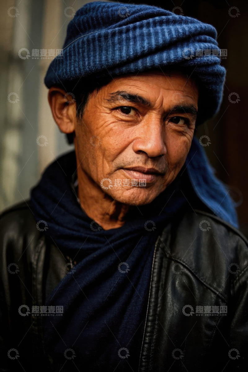 高清大图下载【趣麦麦图】一位戴蓝色头巾的老年男子肖像