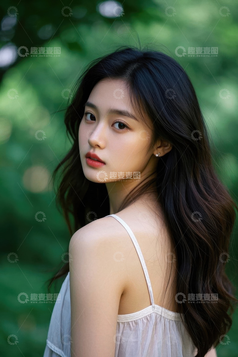 高清大图下载【趣麦麦图】绿意盎然的背景下年轻女子侧颜照