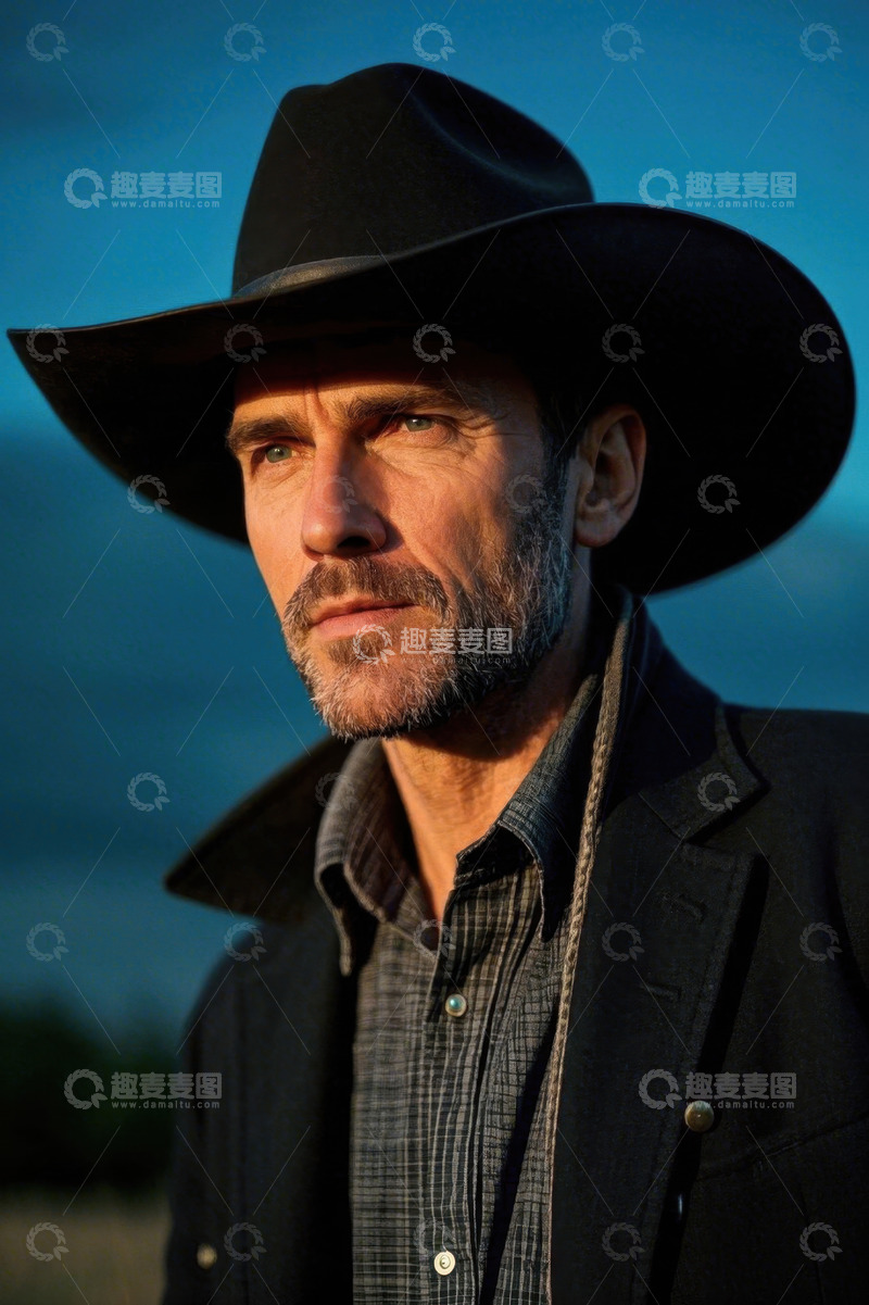 高清大图下载【趣麦麦图】牛仔男人夕阳下凝视远方